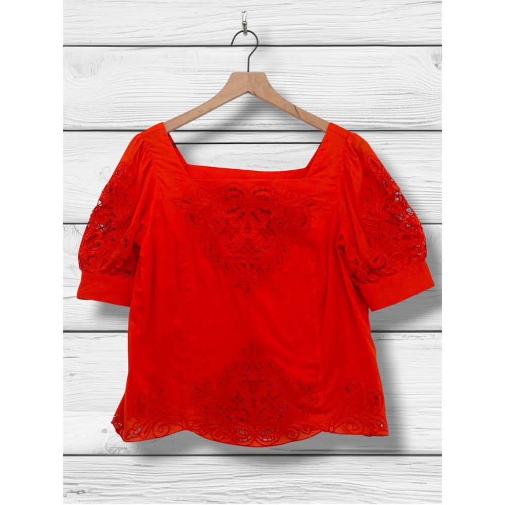Anthropologie Red Eyelet Embroidered Puff Sleeve Square Neck Blouse XS